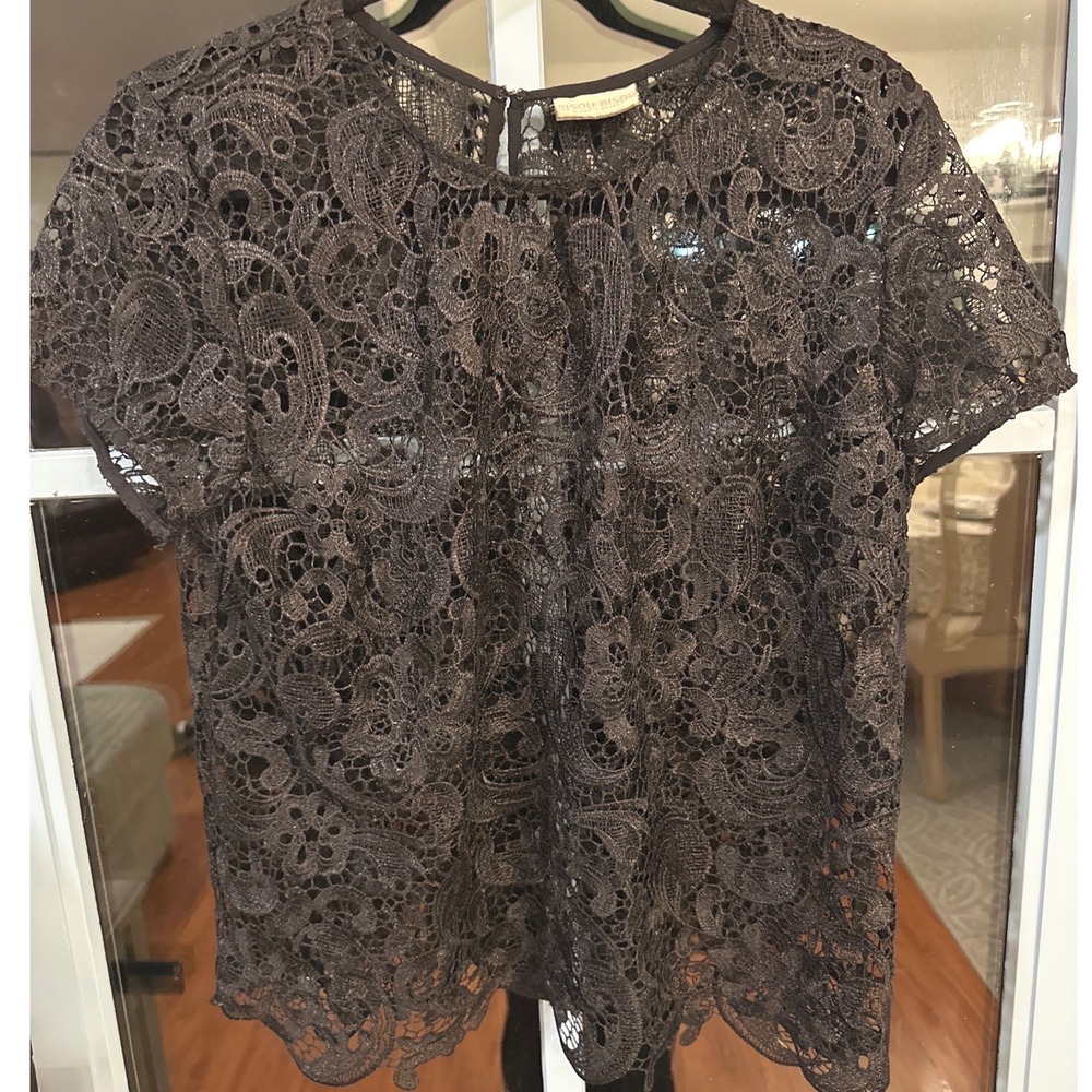 Bisou Bisou Top Blouse Lace Crochet Formal Party Black‎ Mother of Bride Classy L